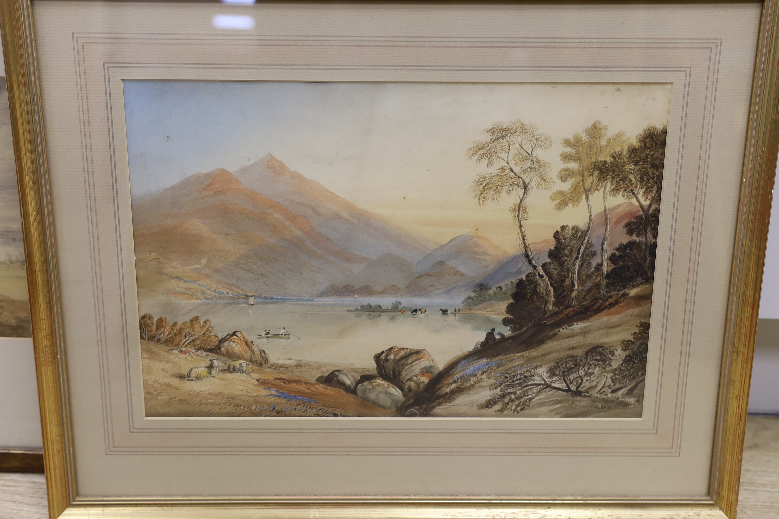 Attributed to Sir John Gilbert RA, BRWS (1817-1897), watercolour, 'Wroxham Broad, Norfolk', unsigned, inscribed verso JC 1883, together with a pair of mountainous landscapes with figures and cattle, 24 x 35cm